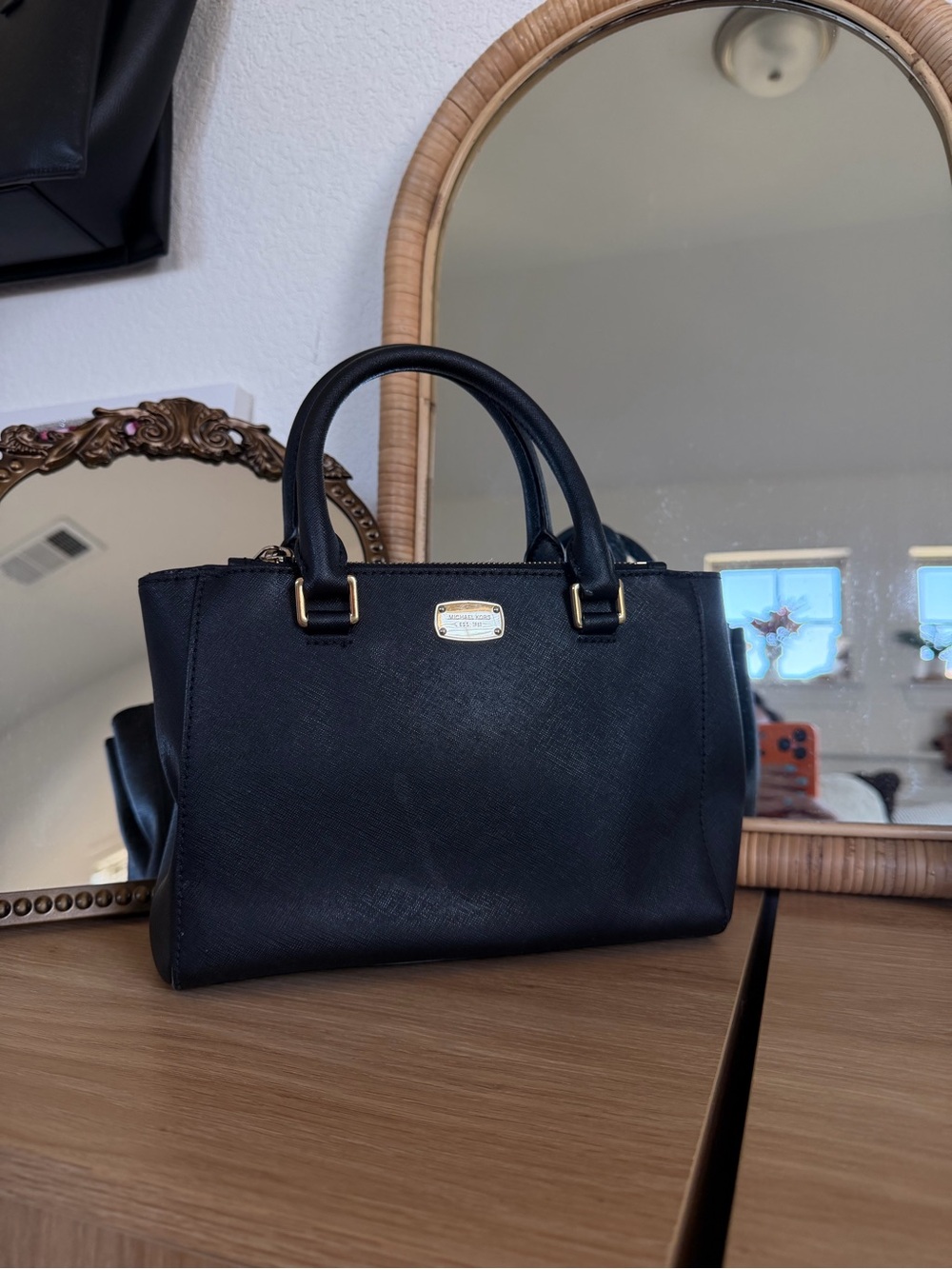 Michael Kors Black Saffiano Leather Satchel with Gold Hardware